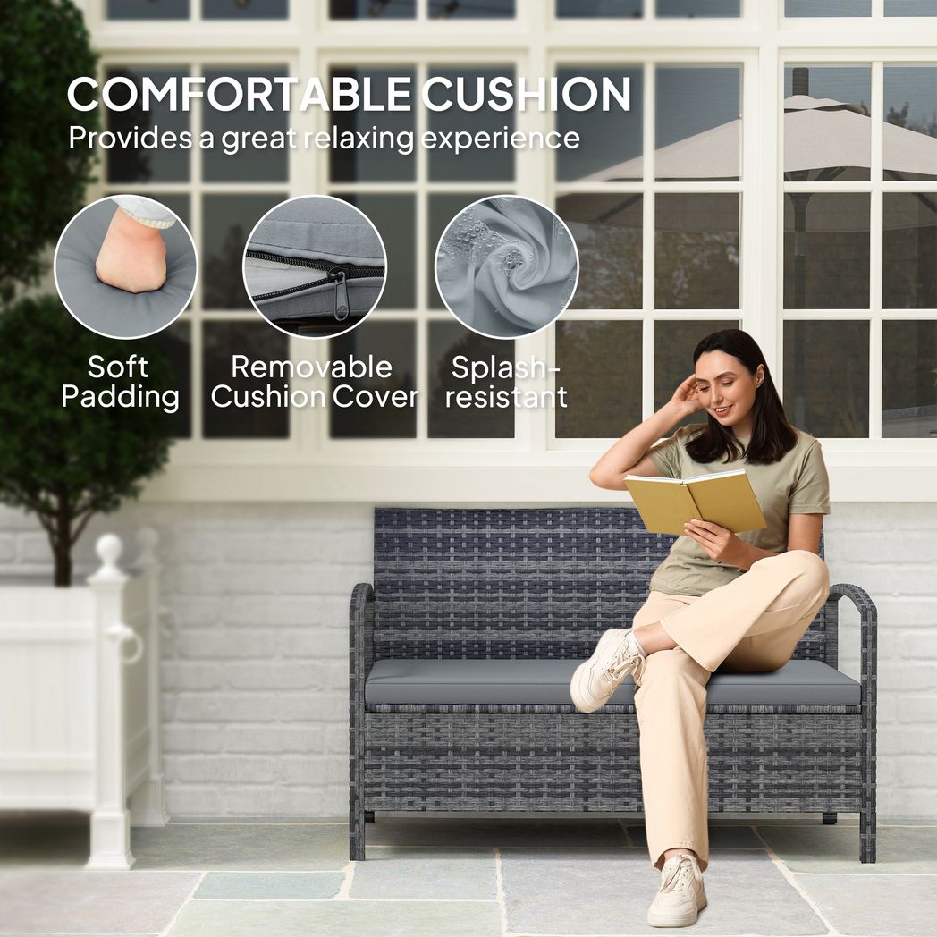 Outsunny Rattan Garden Bench w/ 125L Storage, Cushioned Outdoor Bench - SGP Garden Ltd