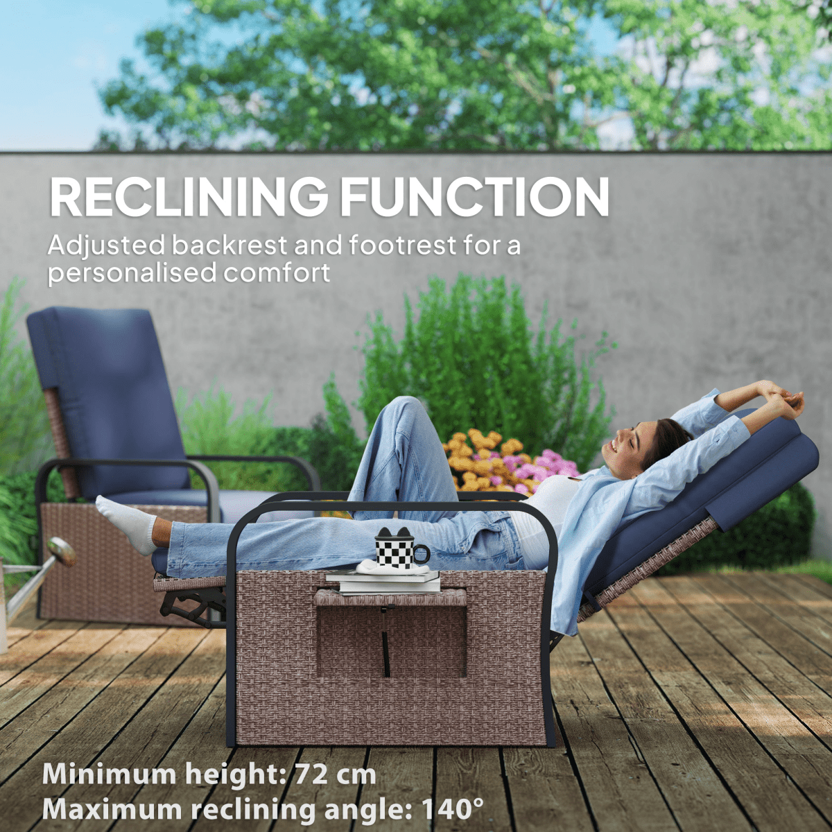 Outsunny Rattan Garden Recliner Chair Sun Lounger w/ Side Tray - SGP Garden Ltd