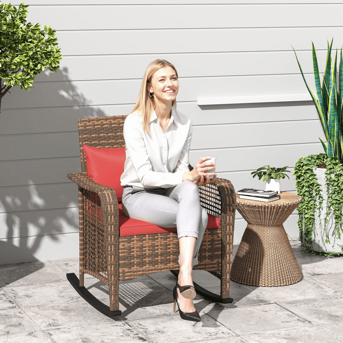 Outsunny Rattan Garden Rocking Chair w/ Seat and Back Cushions - SGP Garden Ltd