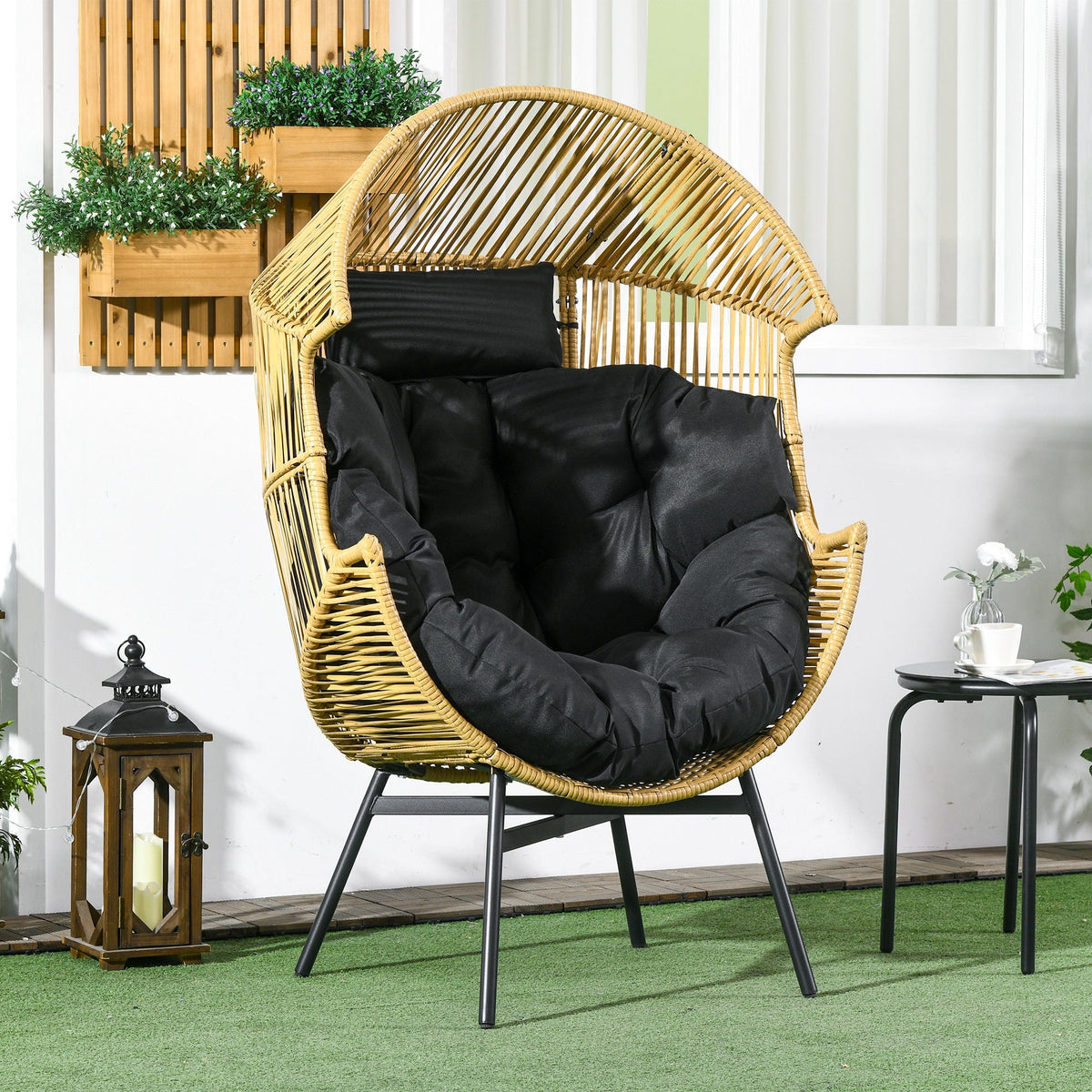 Outsunny Rattan Leisure Chair w/ Cushion, Garden Egg Chair with Headrest, Sand - SGP Garden Ltd