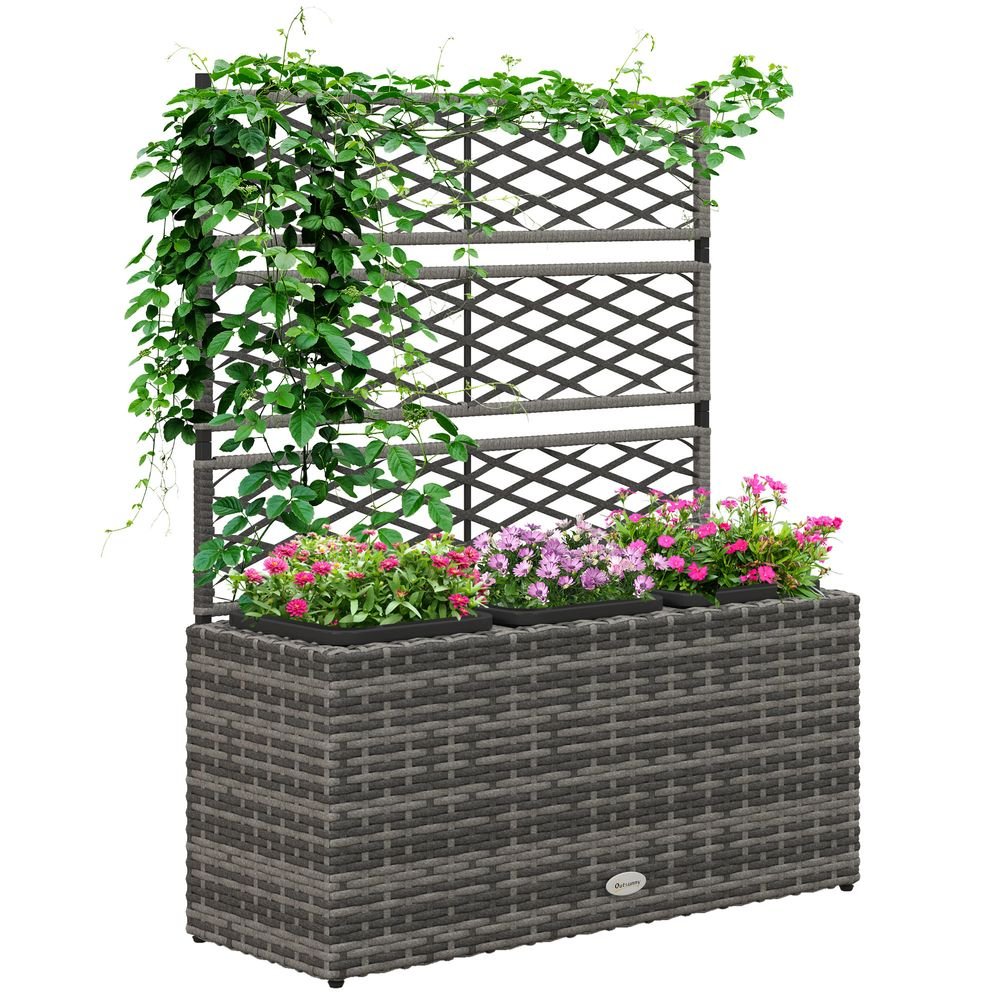 Outsunny Rattan Planter Box w/ Trellis - Flower Raised Bed, 84x30x107cm - SGP Garden Ltd