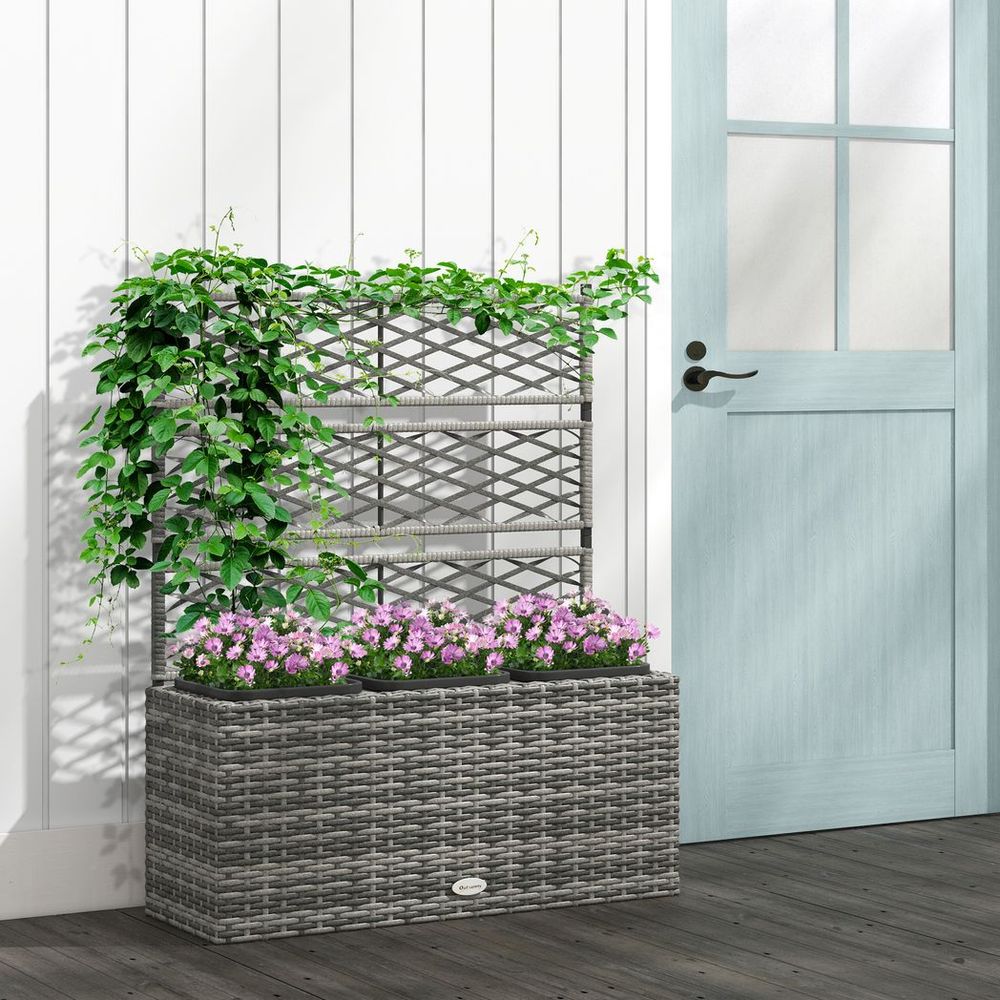 Outsunny Rattan Planter Box w/ Trellis - Flower Raised Bed, 84x30x107cm - SGP Garden Ltd