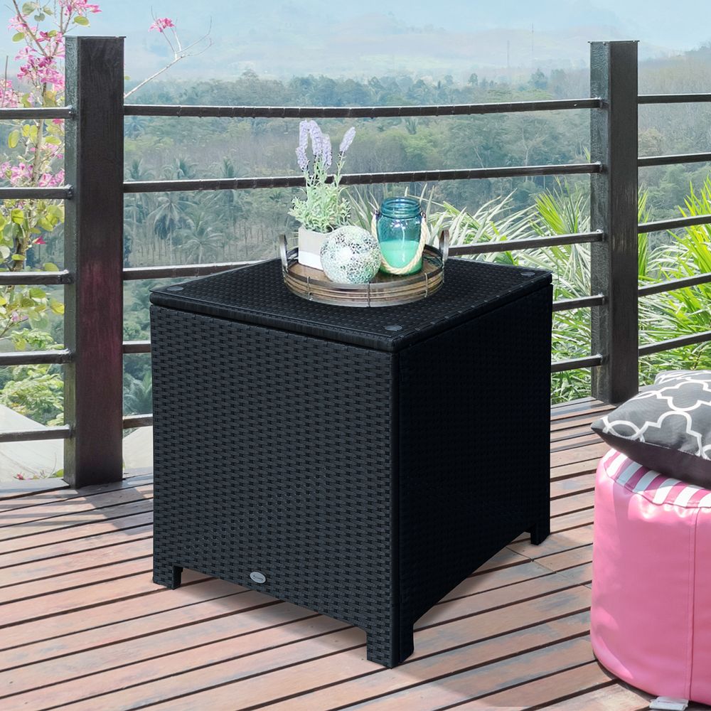 Outsunny Rattan Side Table - Outdoor Wicker with Tempered Glass Top, Sturdy Steel Frame - Black - SGP Garden Ltd
