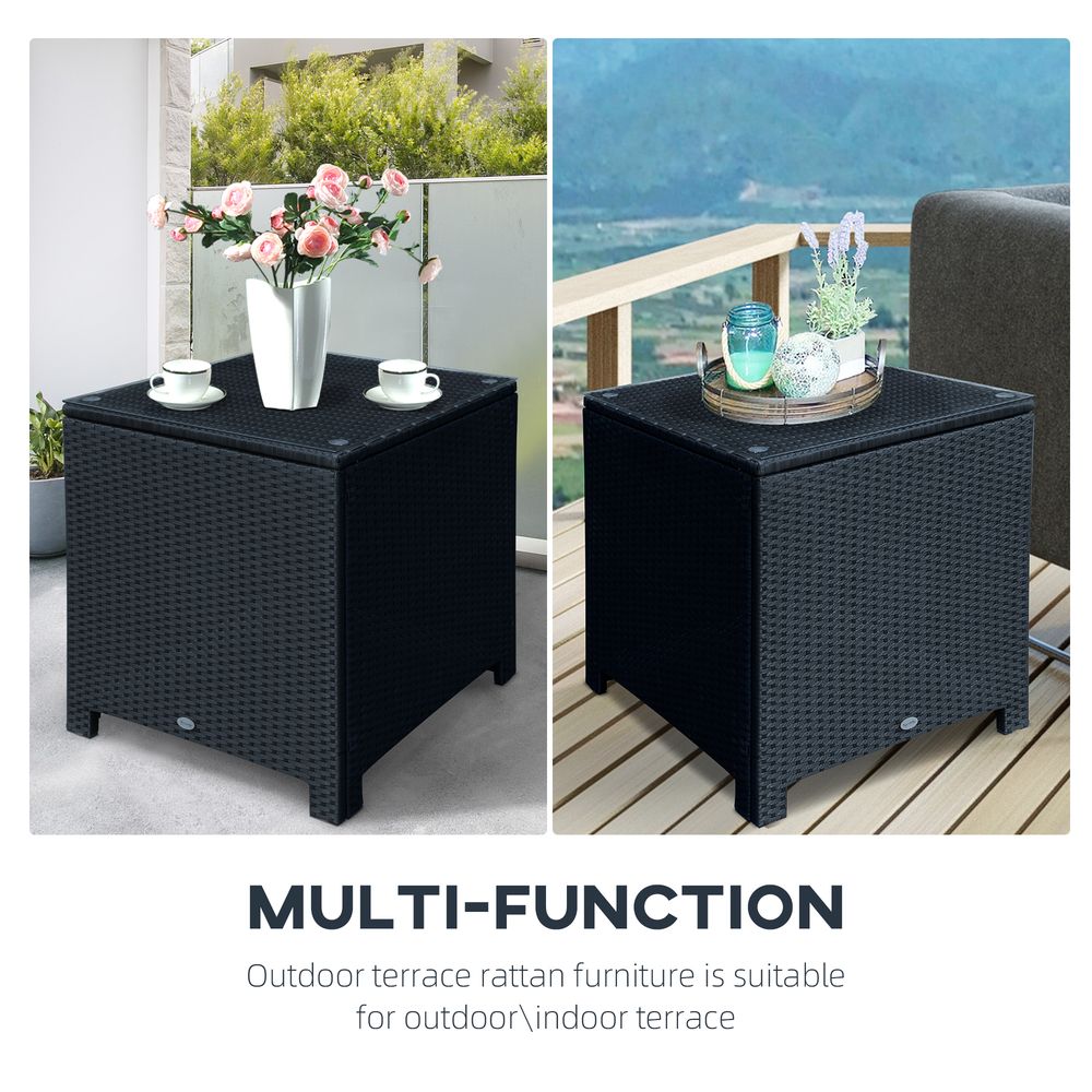 Outsunny Rattan Side Table Patio Frame Tempered Glass Outdoor Wicker-Black - SGP Garden Ltd