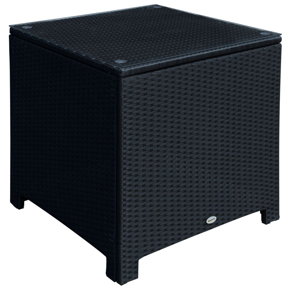 Outsunny Rattan Side Table Patio Frame Tempered Glass Outdoor Wicker-Black - SGP Garden Ltd