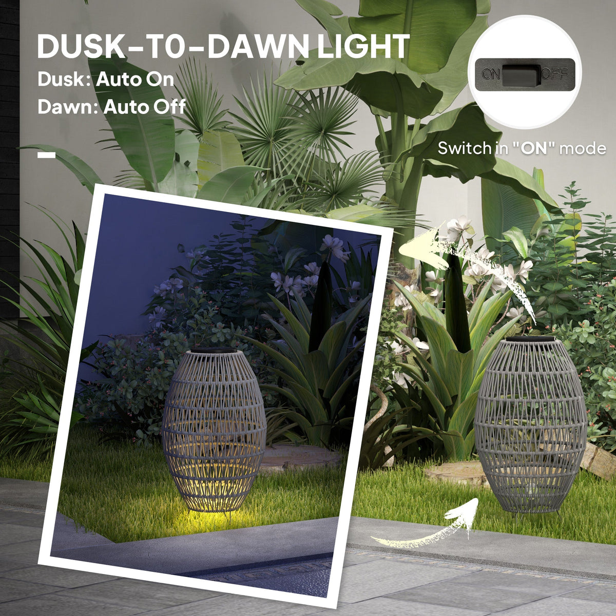 Outsunny Rattan Solar Lamp, Auto On/Off Garden Lantern - SGP Garden Ltd