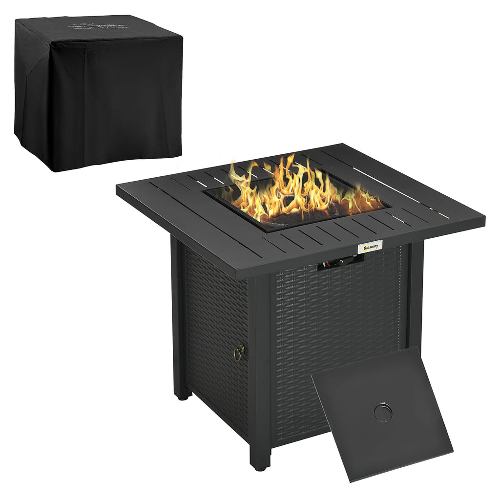 Outsunny Rattan-style Propane Gas Fire Pit Table with 40,000 BTU Burner, Square Smokeless Firepit Patio Heater with Thermocouple, Lava Rocks, Waterproof Cover, Spark Guard and Lid, Black - SGP Garden Ltd