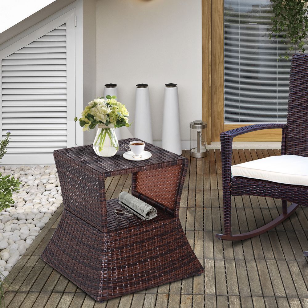 Outsunny Rattan Wicker Coffee Table w/ Umbrella Hole Storage Space - Brown - SGP Garden Ltd