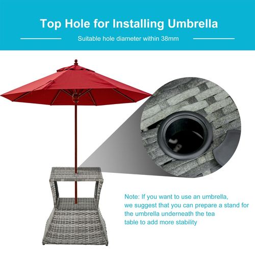 Outsunny Rattan Wicker Tea Coffee Table w/ Umbrella Hole and Storage Space Grey - SGP Garden Ltd
