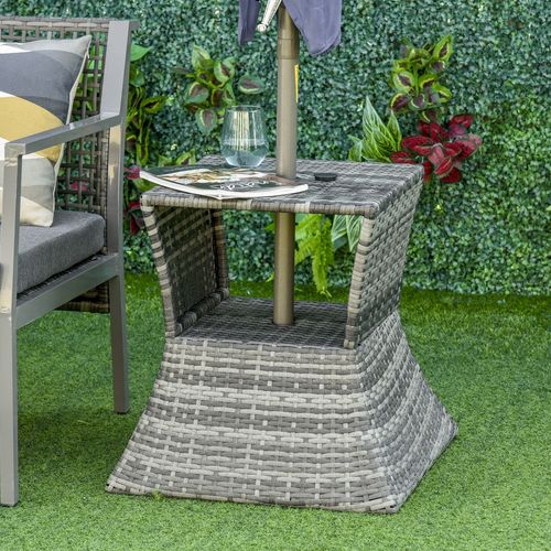 Outsunny Rattan Wicker Tea Coffee Table w/ Umbrella Hole and Storage Space Grey - SGP Garden Ltd