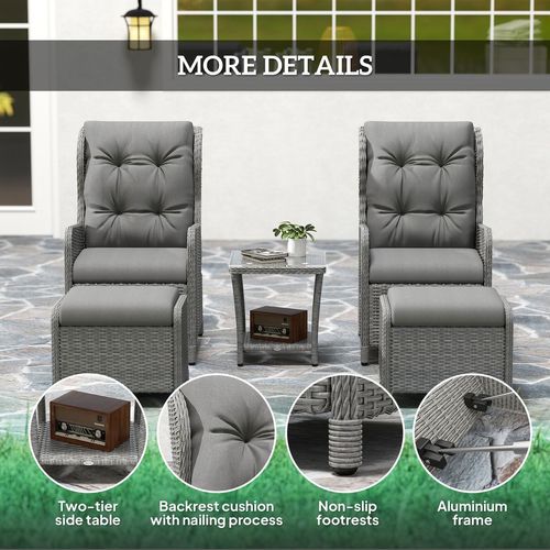 Outsunny Recliner Rattan Garden Furniture w/ Two-tier Table, Light Grey - SGP Garden Ltd