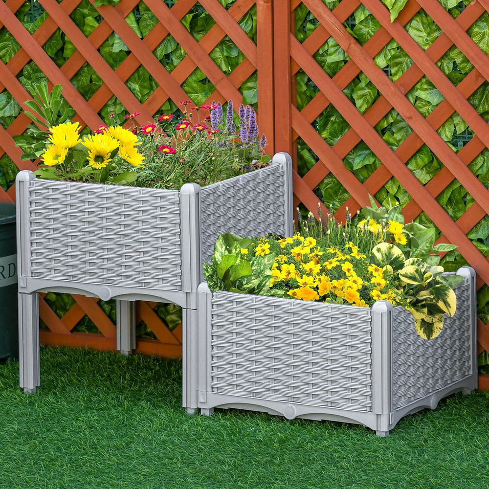 Outsunny Set of 2 Raised Outdoor Garden Planter Boxes | Rattan-Effect | Durable | Self-Watering | Easy Assembly - SGP Garden Ltd