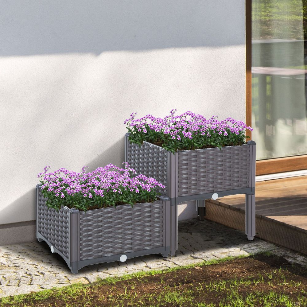 Outsunny Set of 2 Raised Outdoor Garden Planter Boxes | Rattan-Effect | Durable | Self-Watering | Easy Assembly - SGP Garden Ltd