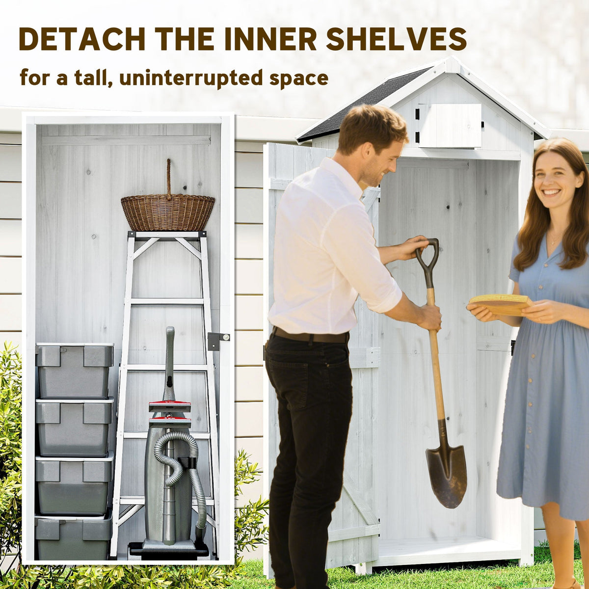 Outsunny Small Shed, Tall Slim Wooden Garden Shed with 3 Removable Shelves and Roof Hatch, Compact Outdoor Tool Storage Cabinet with Asphalt Roof and Door Latch, 77 x 54.2 x 179 cm, Light Grey - SGP Garden Ltd