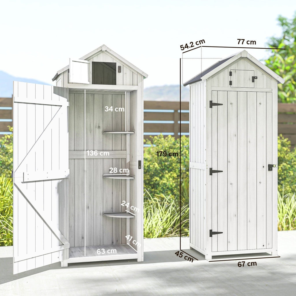 Outsunny Small Shed, Tall Slim Wooden Garden Shed with 3 Removable Shelves and Roof Hatch, Compact Outdoor Tool Storage Cabinet with Asphalt Roof and Door Latch, 77 x 54.2 x 179 cm, Light Grey - SGP Garden Ltd