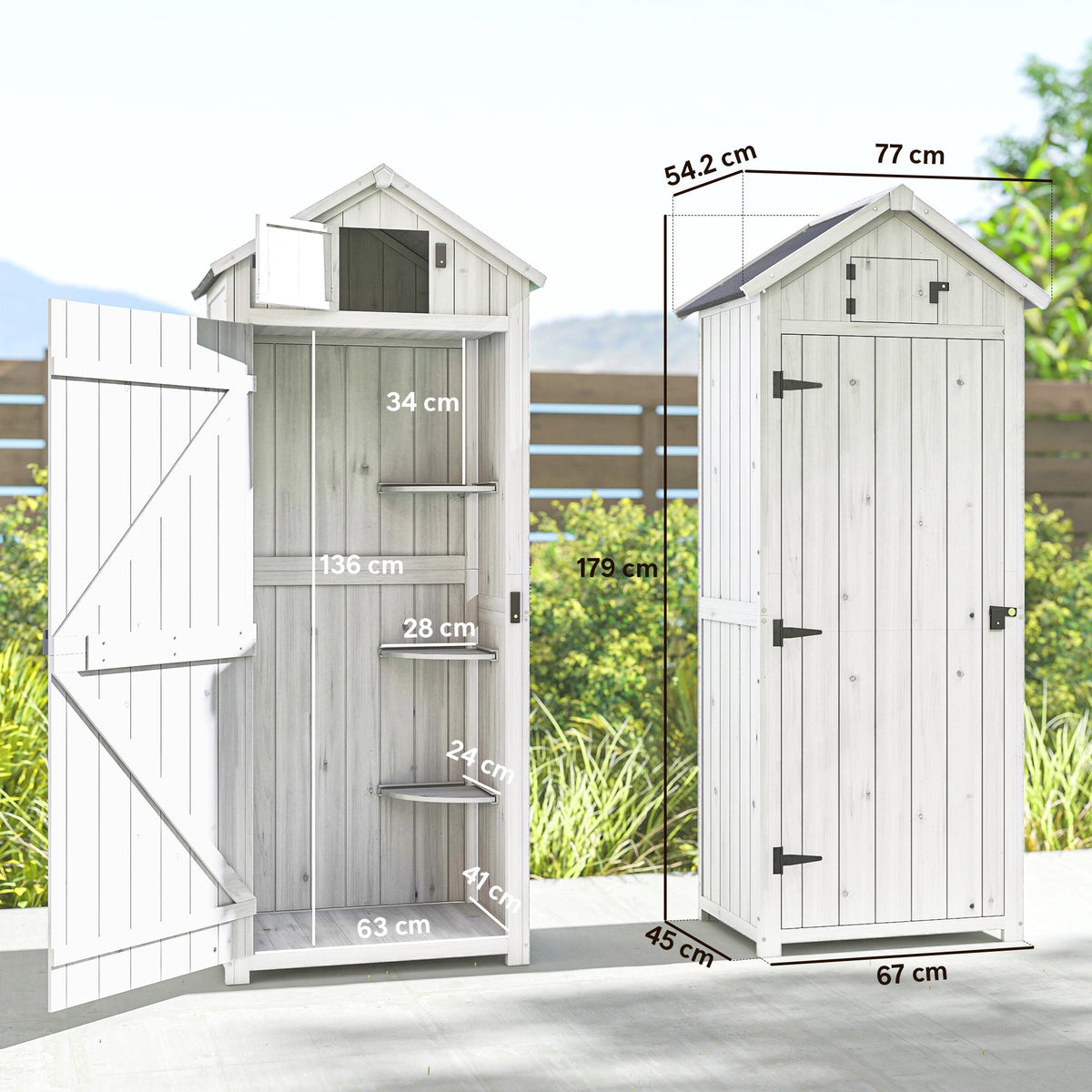 Outsunny Small Shed, Tall Slim Wooden Garden Shed with 3 Removable Shelves and Roof Hatch, Compact Outdoor Tool Storage Cabinet with Asphalt Roof and Door Latch, 77 x 54.2 x 179 cm, Light Grey - SGP Garden Ltd