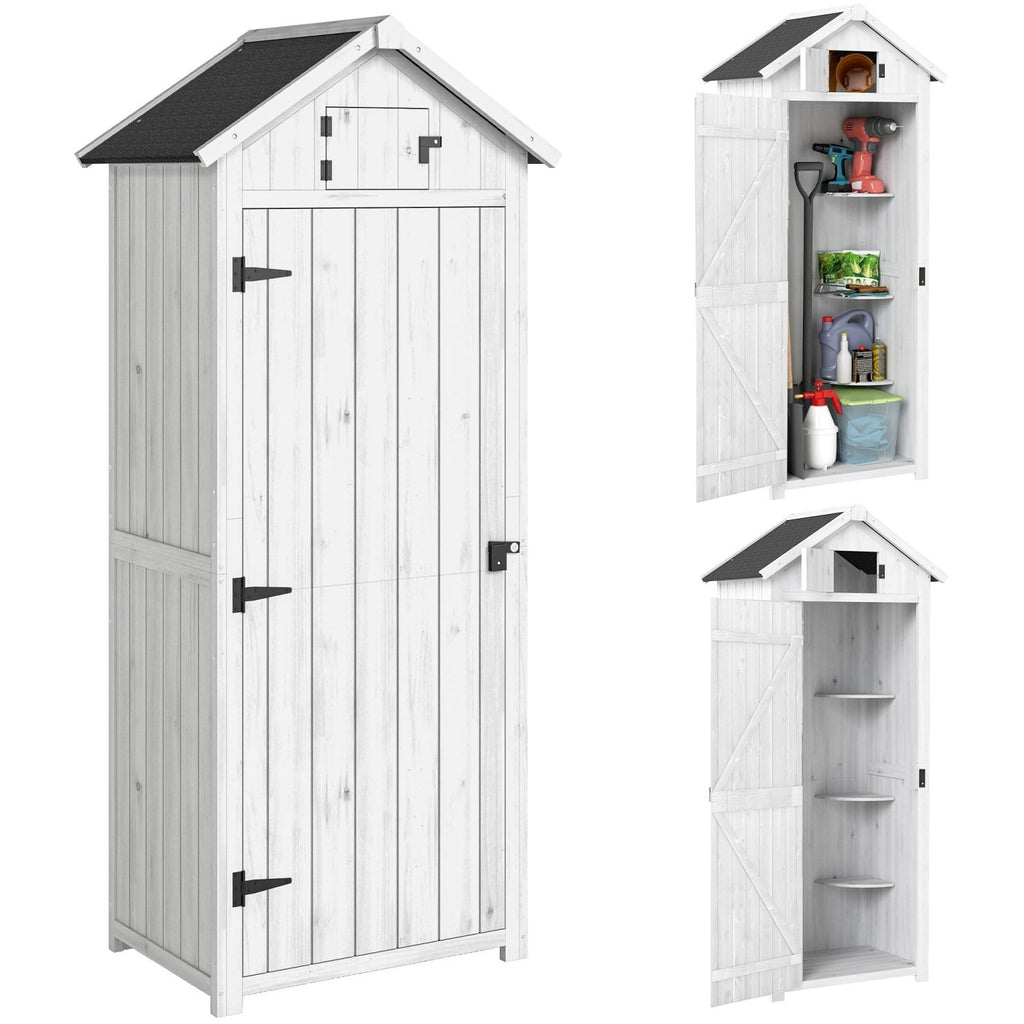 Outsunny Small Shed, Tall Slim Wooden Garden Shed with 3 Removable Shelves and Roof Hatch, Compact Outdoor Tool Storage Cabinet with Asphalt Roof and Door Latch, 77 x 54.2 x 179 cm, Light Grey - SGP Garden Ltd