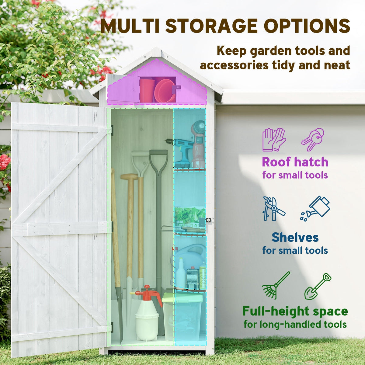 Outsunny Small Shed, Tall Slim Wooden Garden Shed with 3 Removable Shelves and Roof Hatch, Compact Outdoor Tool Storage Cabinet with Asphalt Roof and Door Latch, 77 x 54.2 x 179 cm, Light Grey - SGP Garden Ltd
