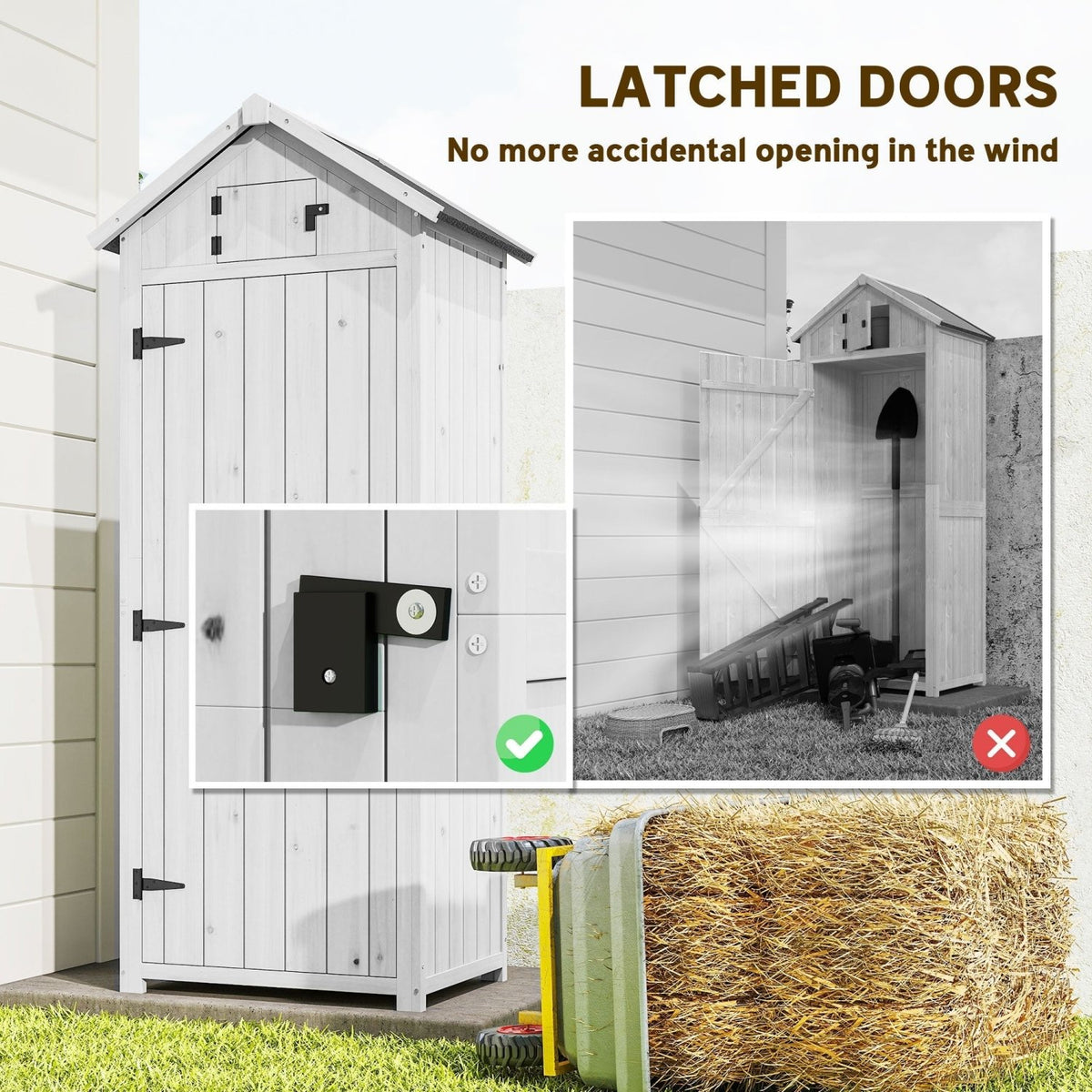 Outsunny Small Shed, Tall Slim Wooden Garden Shed with 3 Removable Shelves and Roof Hatch, Compact Outdoor Tool Storage Cabinet with Asphalt Roof and Door Latch, 77 x 54.2 x 179 cm, Light Grey - SGP Garden Ltd