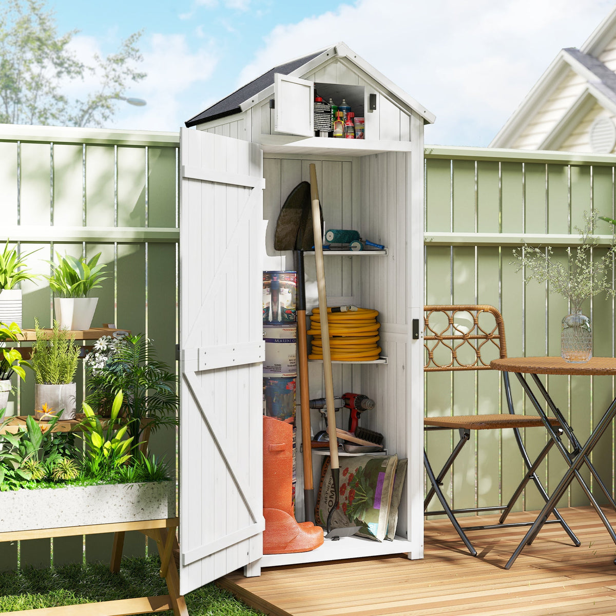 Outsunny Small Shed, Tall Slim Wooden Garden Shed with 3 Removable Shelves and Roof Hatch, Compact Outdoor Tool Storage Cabinet with Asphalt Roof and Door Latch, 77 x 54.2 x 179 cm, Light Grey - SGP Garden Ltd