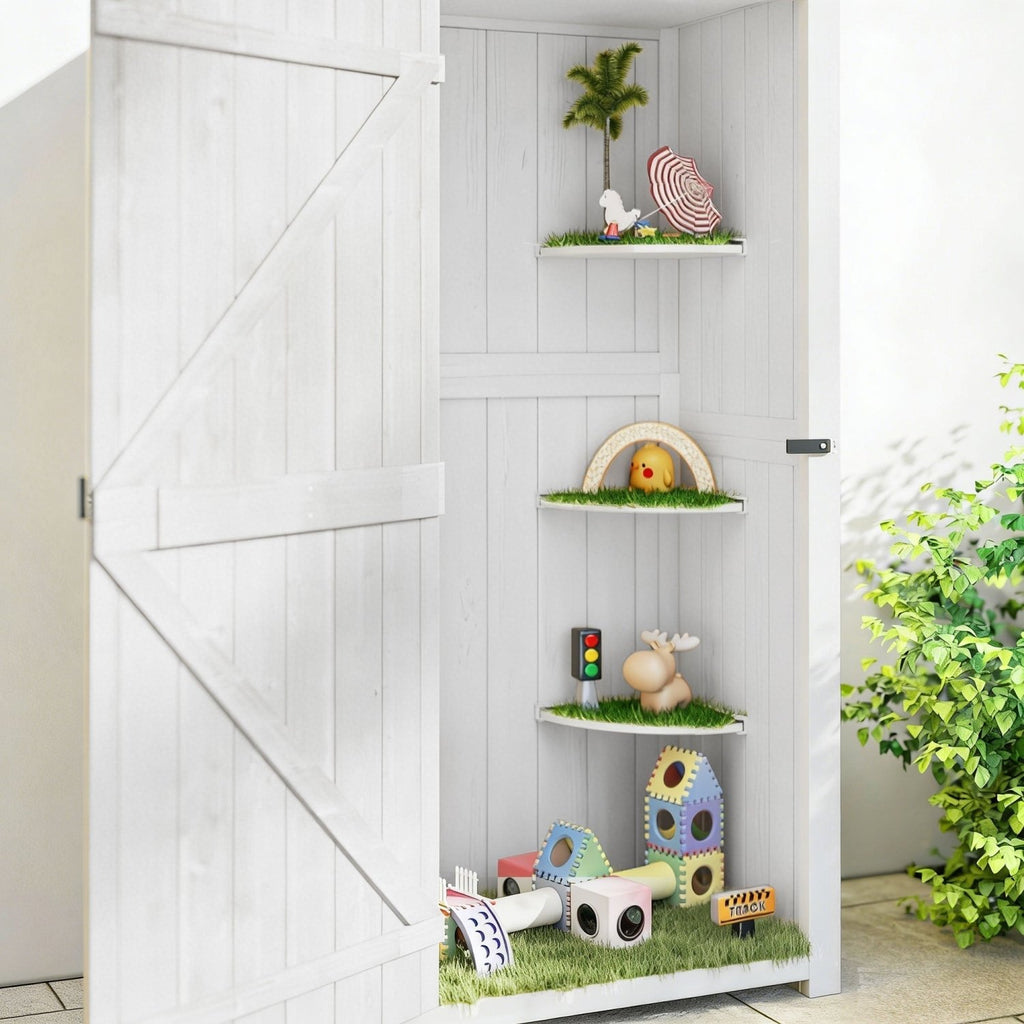 Outsunny Small Shed, Tall Slim Wooden Garden Shed with 3 Removable Shelves and Roof Hatch, Compact Outdoor Tool Storage Cabinet with Asphalt Roof and Door Latch, 77 x 54.2 x 179 cm, Light Grey - SGP Garden Ltd