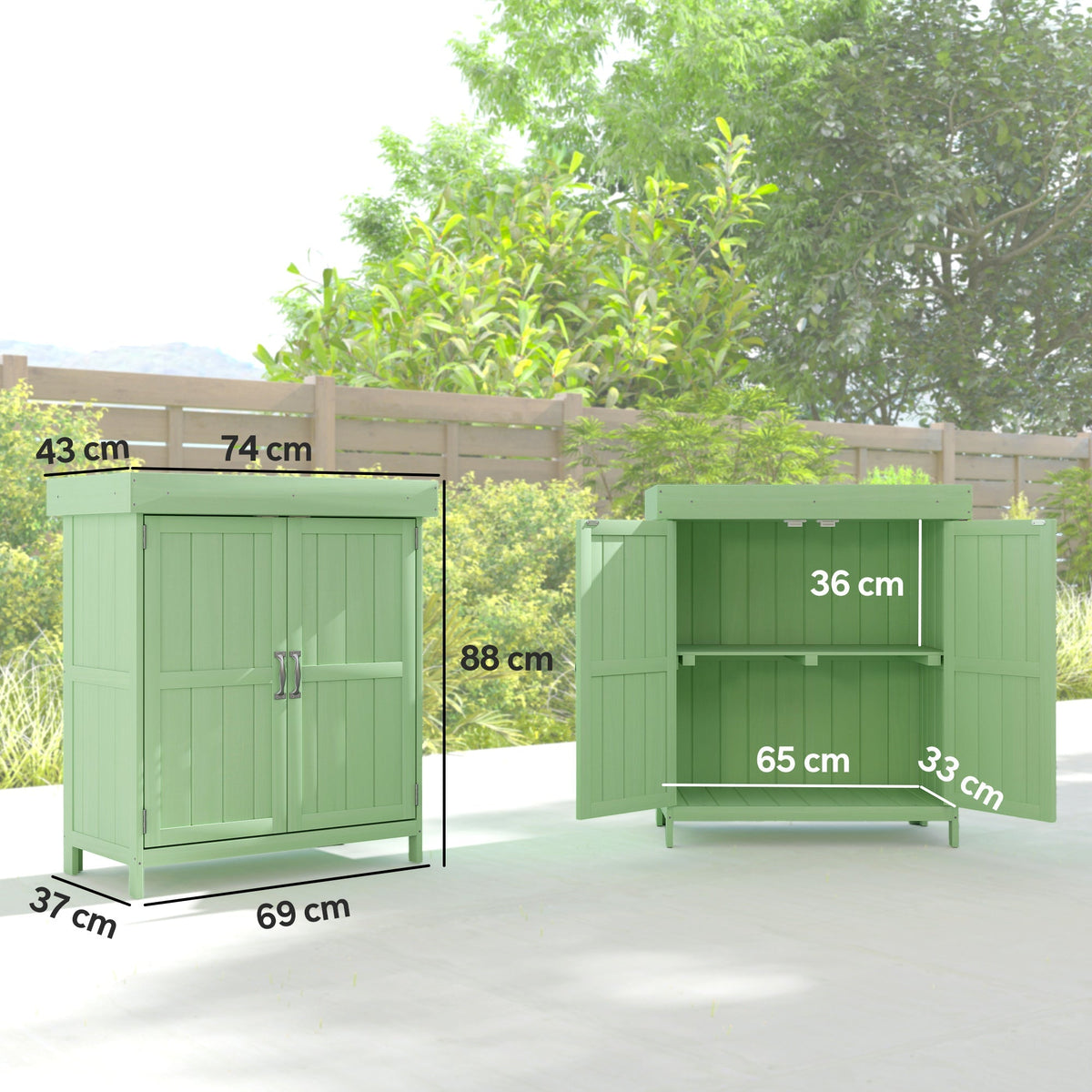 Outsunny Small Shed, Wooden Garden Shed with Openable Hinged Roof and Removable Shelf, 74 x 43 x 88 cm, Light Green - SGP Garden Ltd
