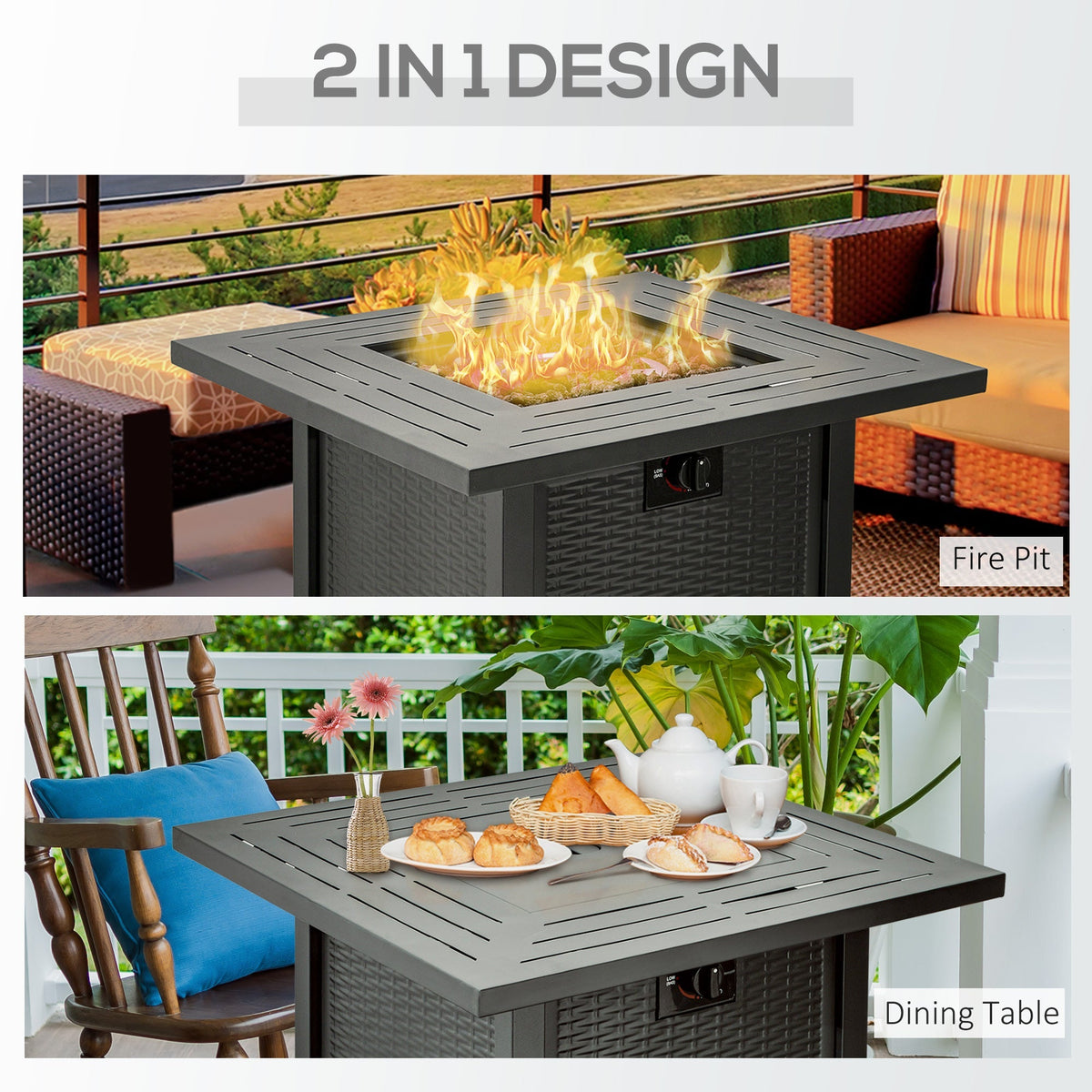 Outsunny Square Propane Gas Fire Pit Table, 40000 BTU Rattan Smokeless Firepit Patio Heater with Protective Cover, Lava Rocks and Lid, 71cm x 71cm x 62cm, Black - SGP Garden Ltd