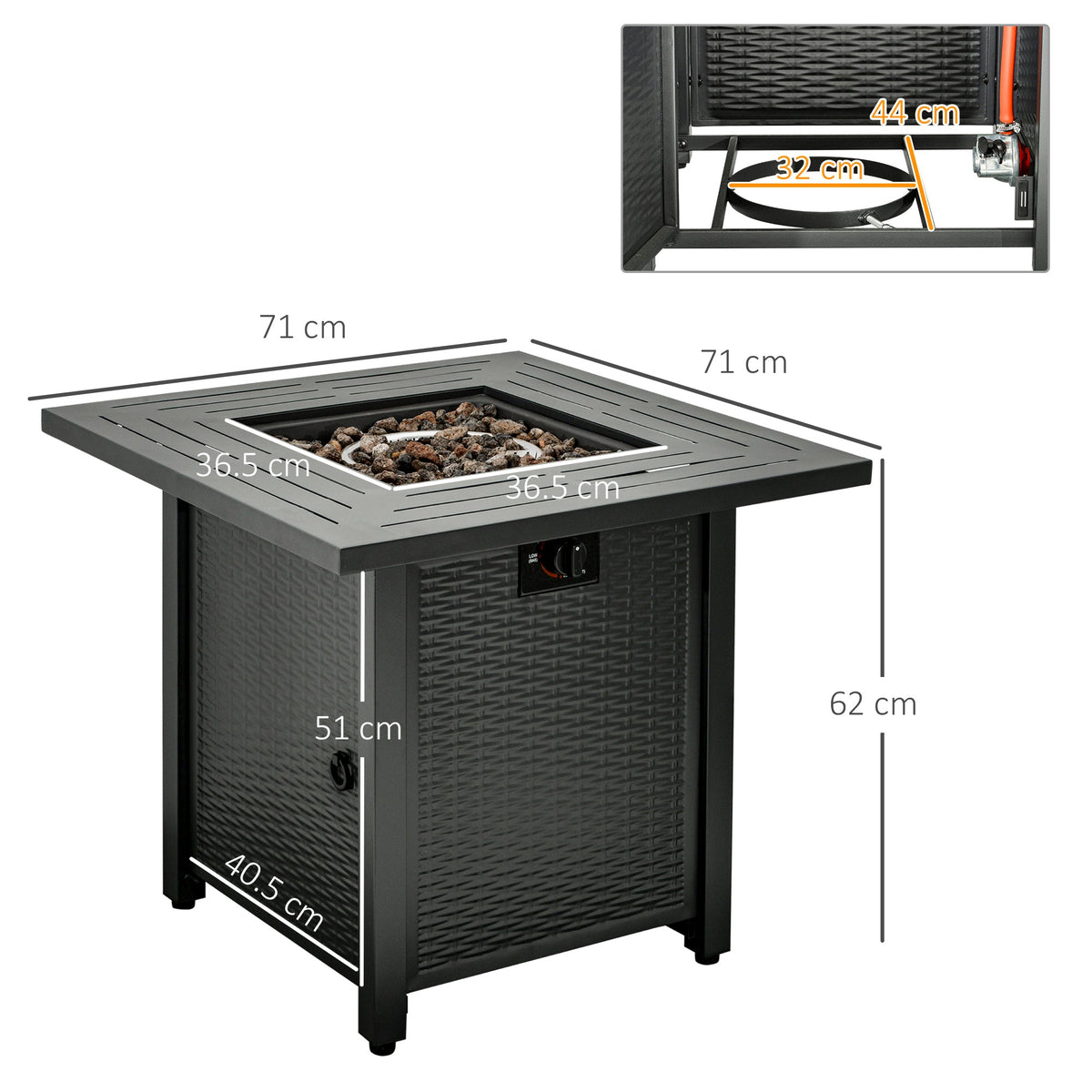 Outsunny Square Propane Gas Fire Pit Table, 40000 BTU Rattan Smokeless Firepit Patio Heater with Protective Cover, Lava Rocks and Lid, 71cm x 71cm x 62cm, Black - SGP Garden Ltd