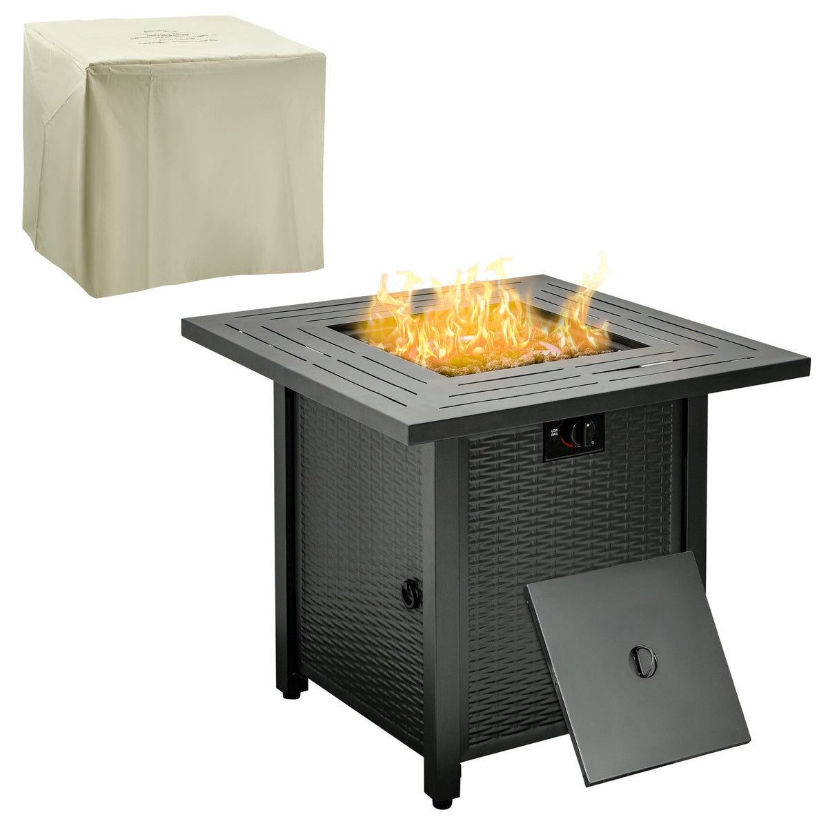 Outsunny Square Propane Gas Fire Pit Table, 40000 BTU Rattan Smokeless Firepit Patio Heater with Protective Cover, Lava Rocks and Lid, 71cm x 71cm x 62cm, Black - SGP Garden Ltd