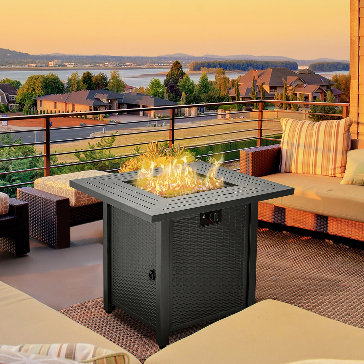 Outsunny Square Propane Gas Fire Pit Table, 40000 BTU Rattan Smokeless Firepit Patio Heater with Protective Cover, Lava Rocks and Lid, 71cm x 71cm x 62cm, Black - SGP Garden Ltd