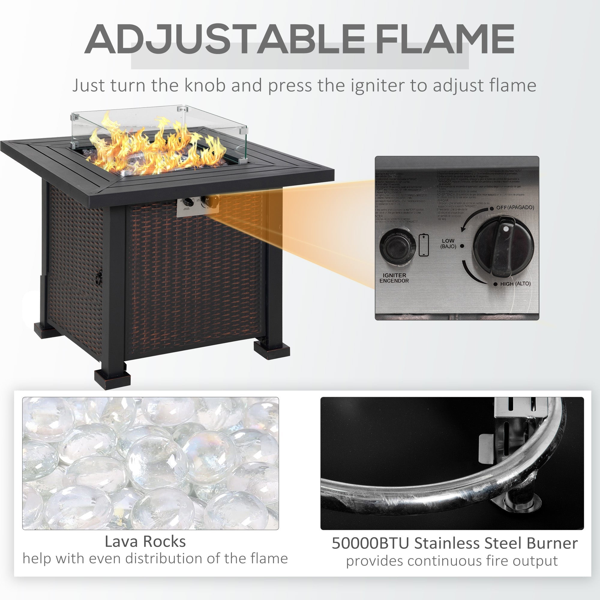 Outsunny Square Propane Gas Fire Pit Table, 50000 BTU Rattan Smokeless Firepit Patio Heater with Glass Screen, Glass Beads and Lid, 81cm x 81cm x 64cm, Black - SGP Garden Ltd
