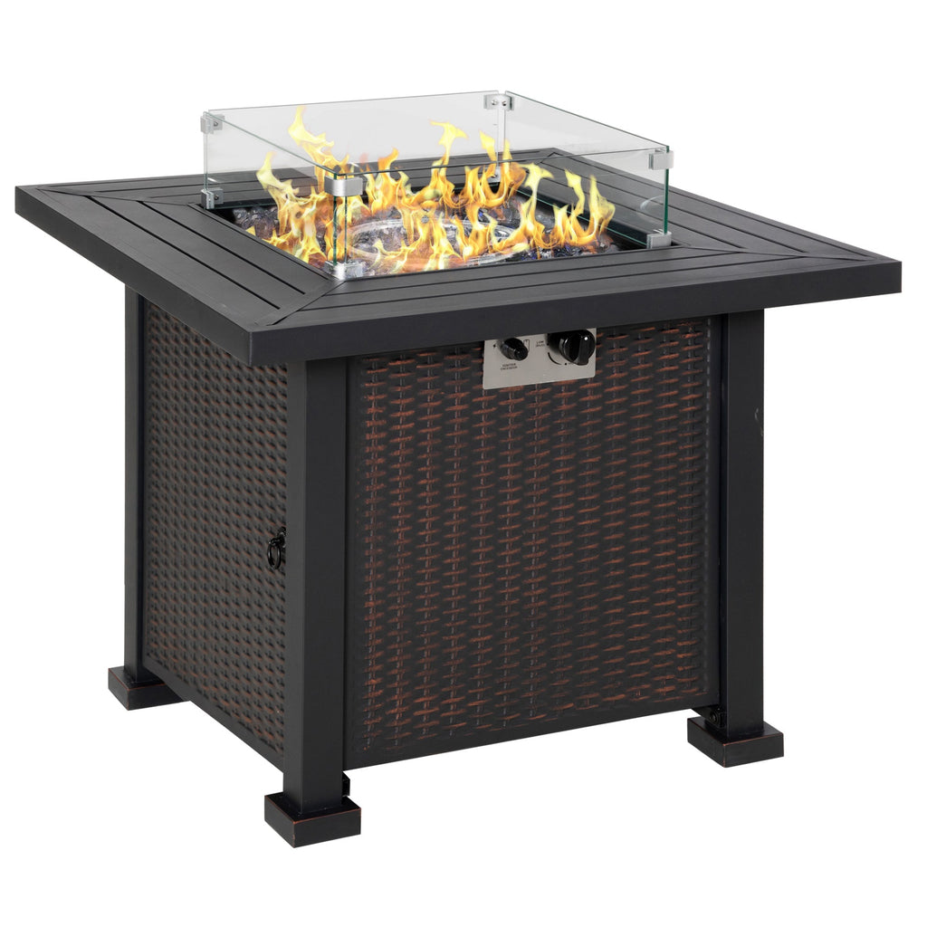Outsunny Square Propane Gas Fire Pit Table, 50000 BTU Rattan Smokeless Firepit Patio Heater with Glass Screen, Glass Beads and Lid, 81cm x 81cm x 64cm, Black - SGP Garden Ltd