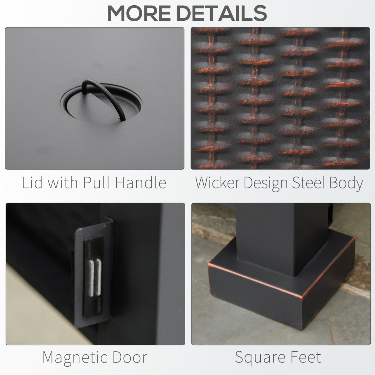 Outsunny Square Propane Gas Fire Pit Table, 50000 BTU Rattan Smokeless Firepit Patio Heater with Glass Screen, Glass Beads and Lid, 81cm x 81cm x 64cm, Black - SGP Garden Ltd