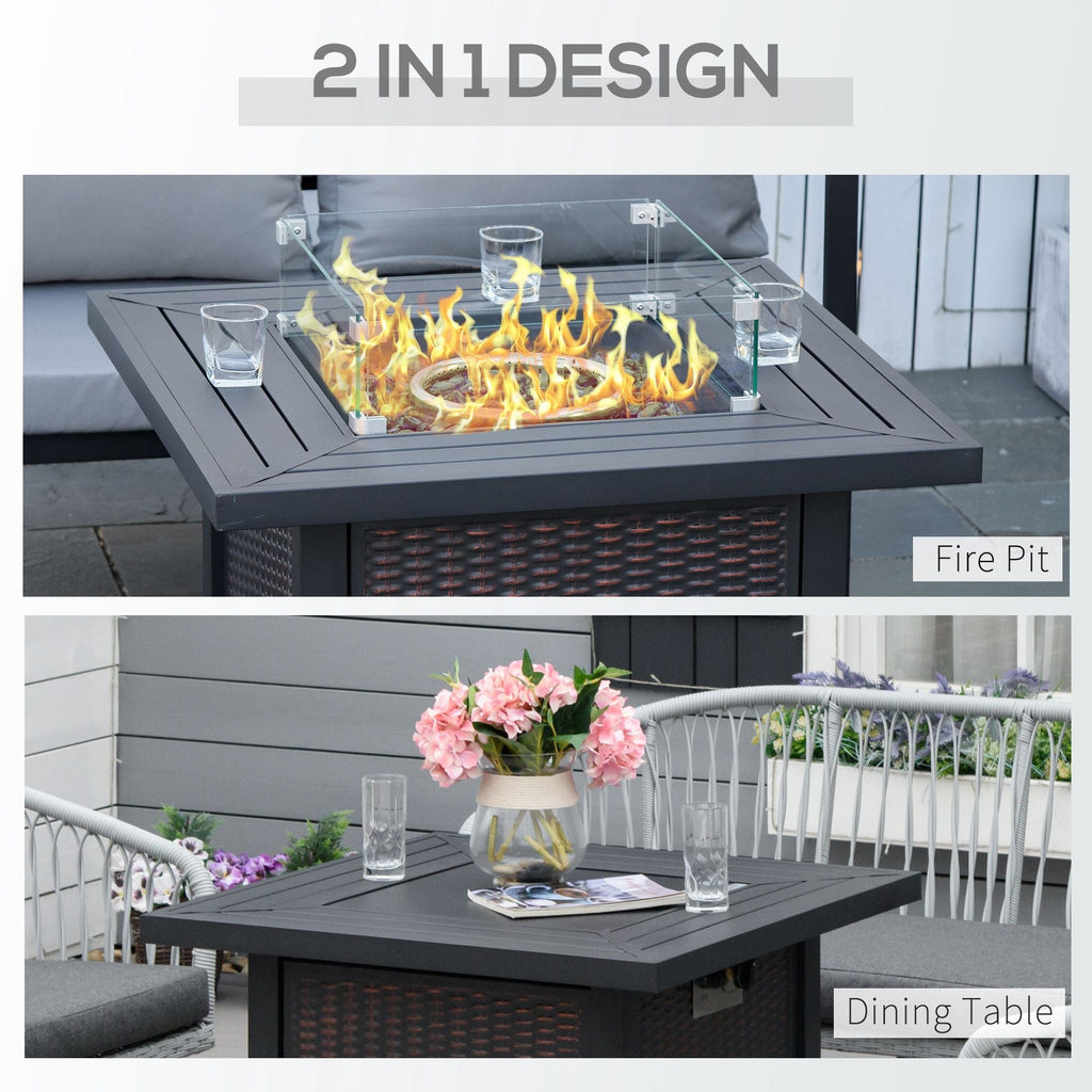 Outsunny Square Propane Gas Fire Pit Table, 50000 BTU Rattan Smokeless Firepit Patio Heater with Glass Screen, Glass Beads and Lid, 81cm x 81cm x 64cm, Black - SGP Garden Ltd