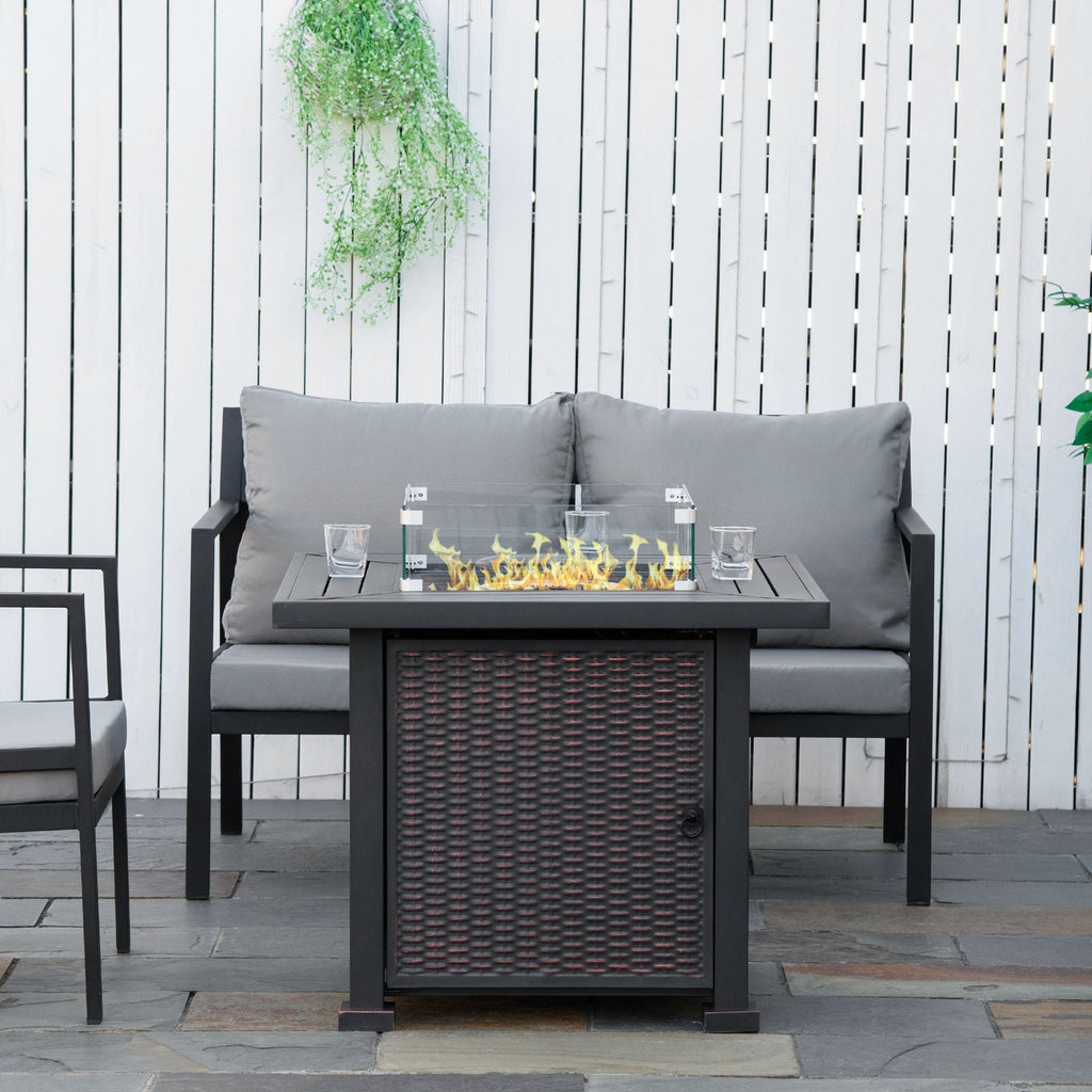 Outsunny Square Propane Gas Fire Pit Table, 50000 BTU Rattan Smokeless Firepit Patio Heater with Glass Screen, Glass Beads and Lid, 81cm x 81cm x 64cm, Black - SGP Garden Ltd