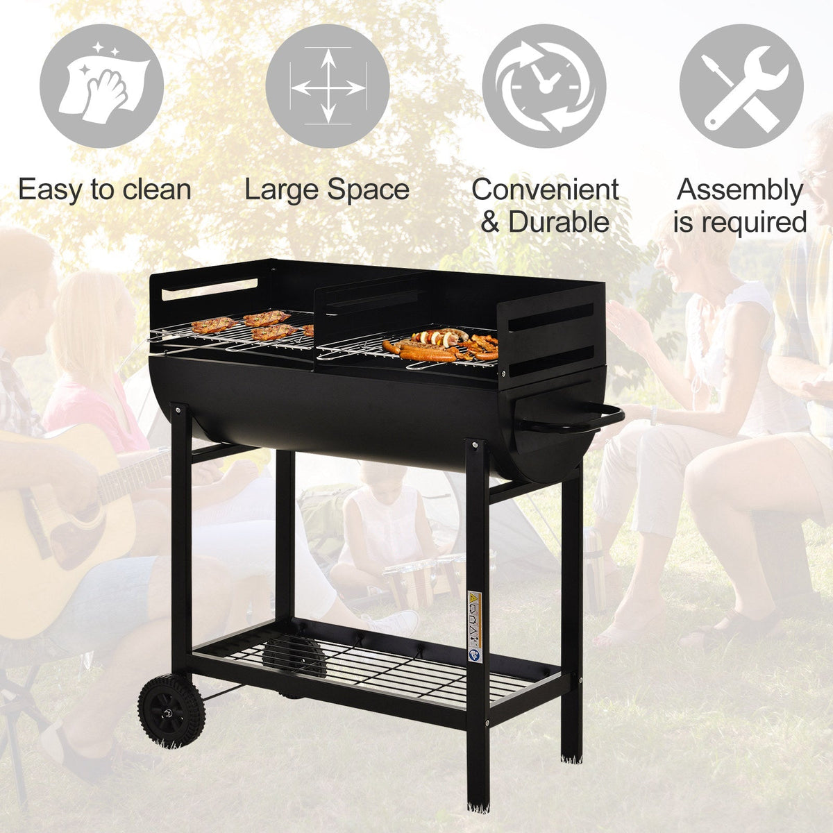 Outsunny Steel 2-Grill Charcoal BBQ w/ Wheels Black - SGP Garden Ltd