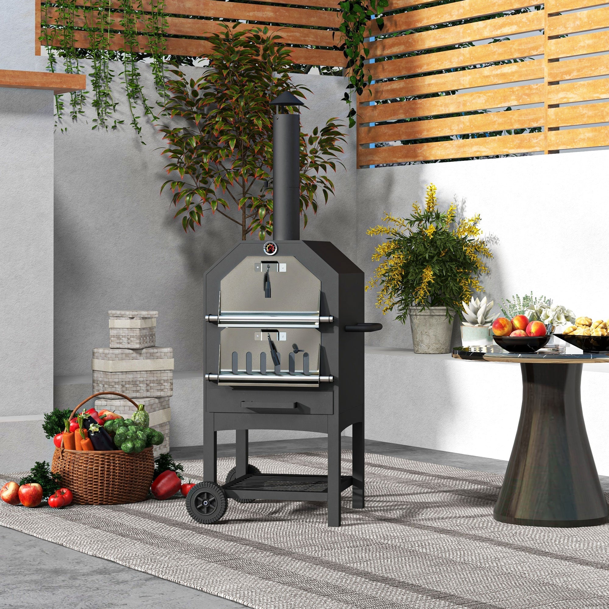 Outsunny Steel 3-Tier Outdoor Pizza Oven Charcoal BBQ Grill, Black - SGP Garden Ltd