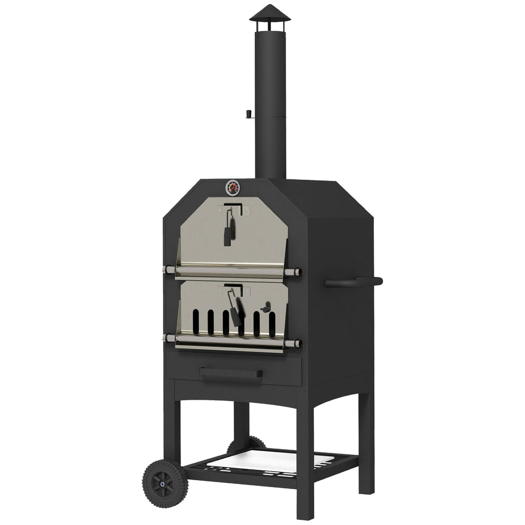 Outsunny Steel 3-Tier Outdoor Pizza Oven Charcoal BBQ Grill, Black - SGP Garden Ltd