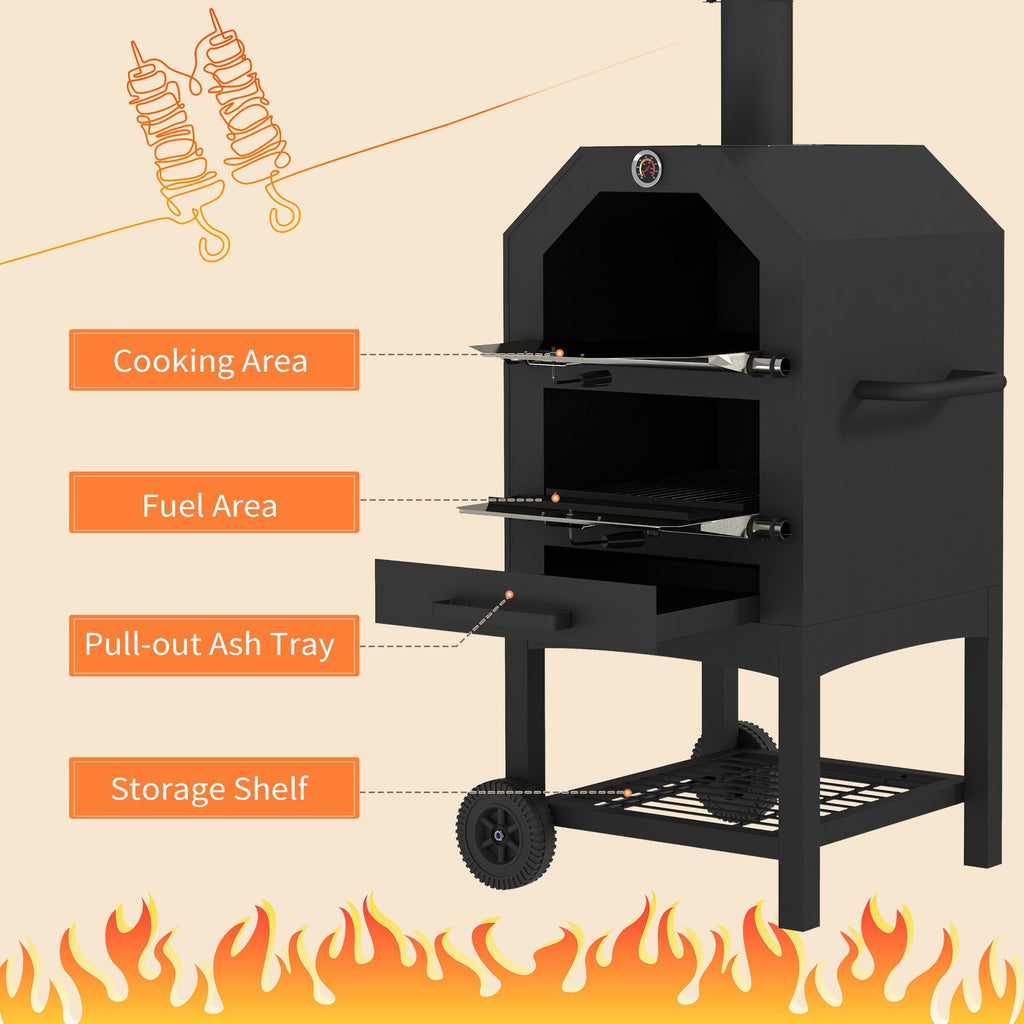 Outsunny Steel 3-Tier Outdoor Pizza Oven Charcoal BBQ Grill, Black - SGP Garden Ltd
