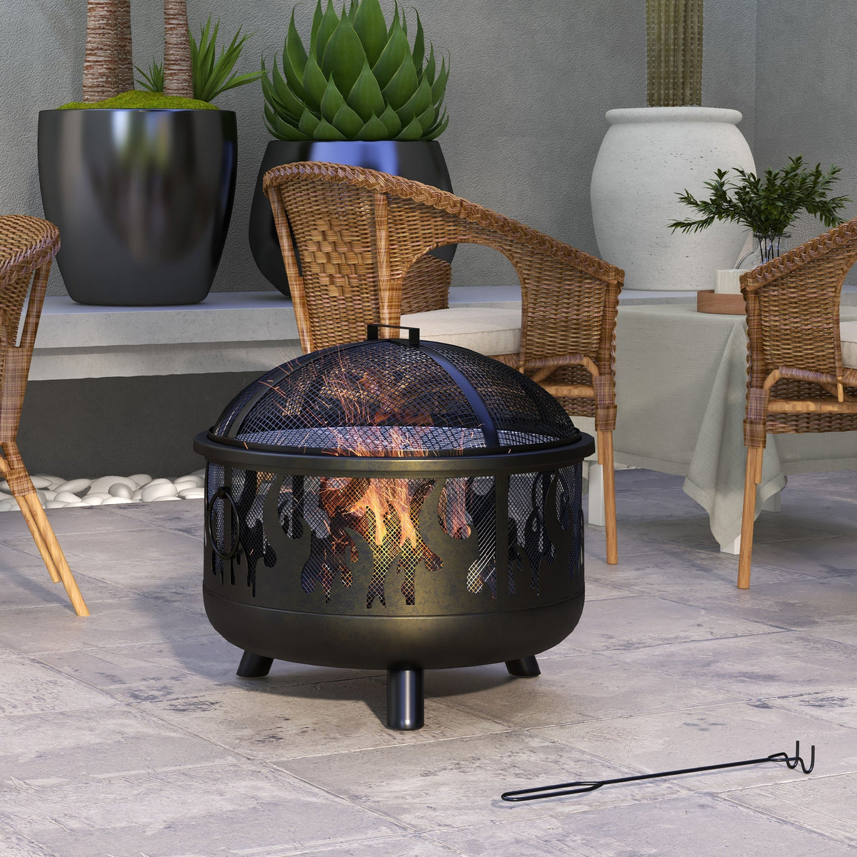 Outsunny Steel Fire Pit BBQ, with Poker - Black - SGP Garden Ltd