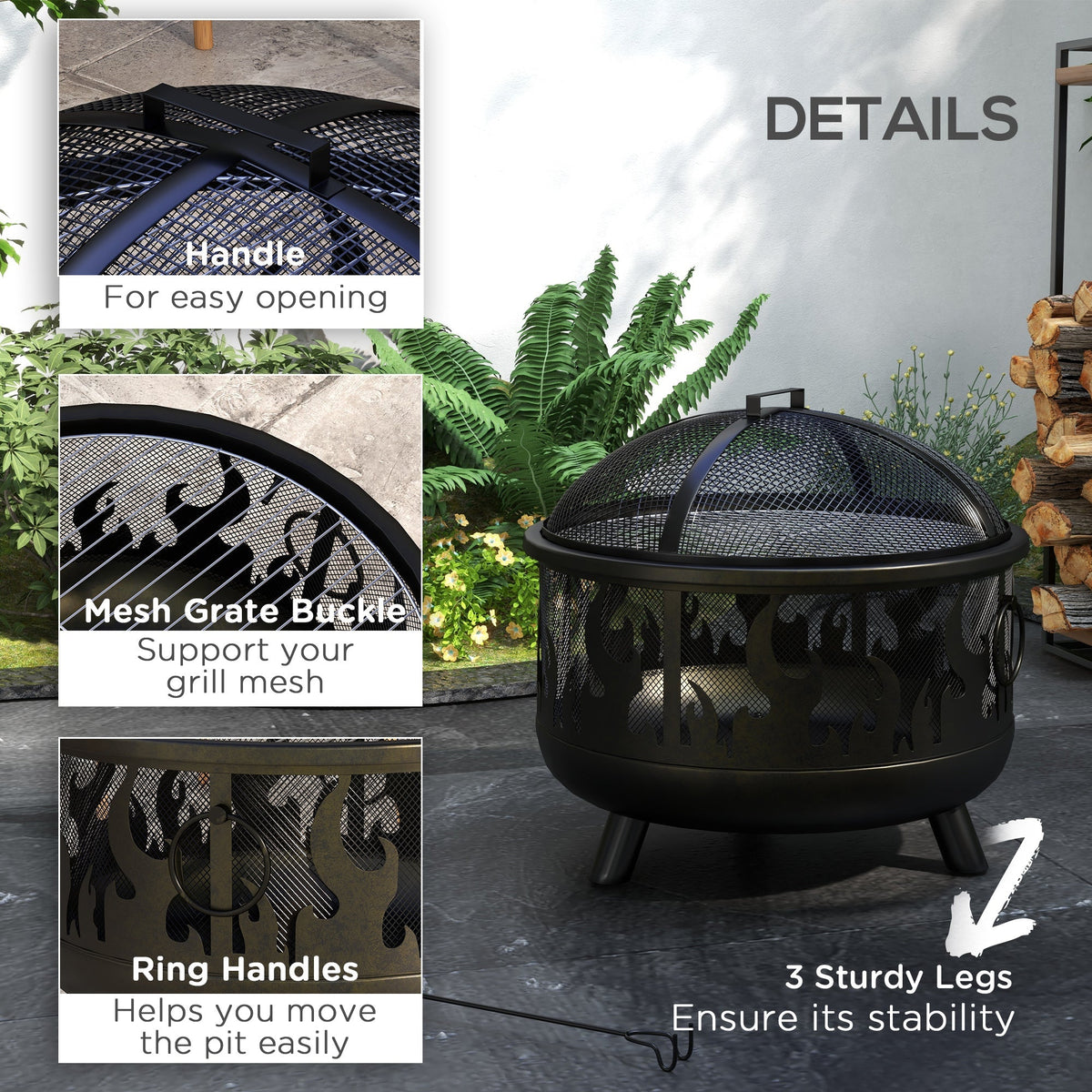 Outsunny Steel Fire Pit BBQ, with Poker - Black - SGP Garden Ltd