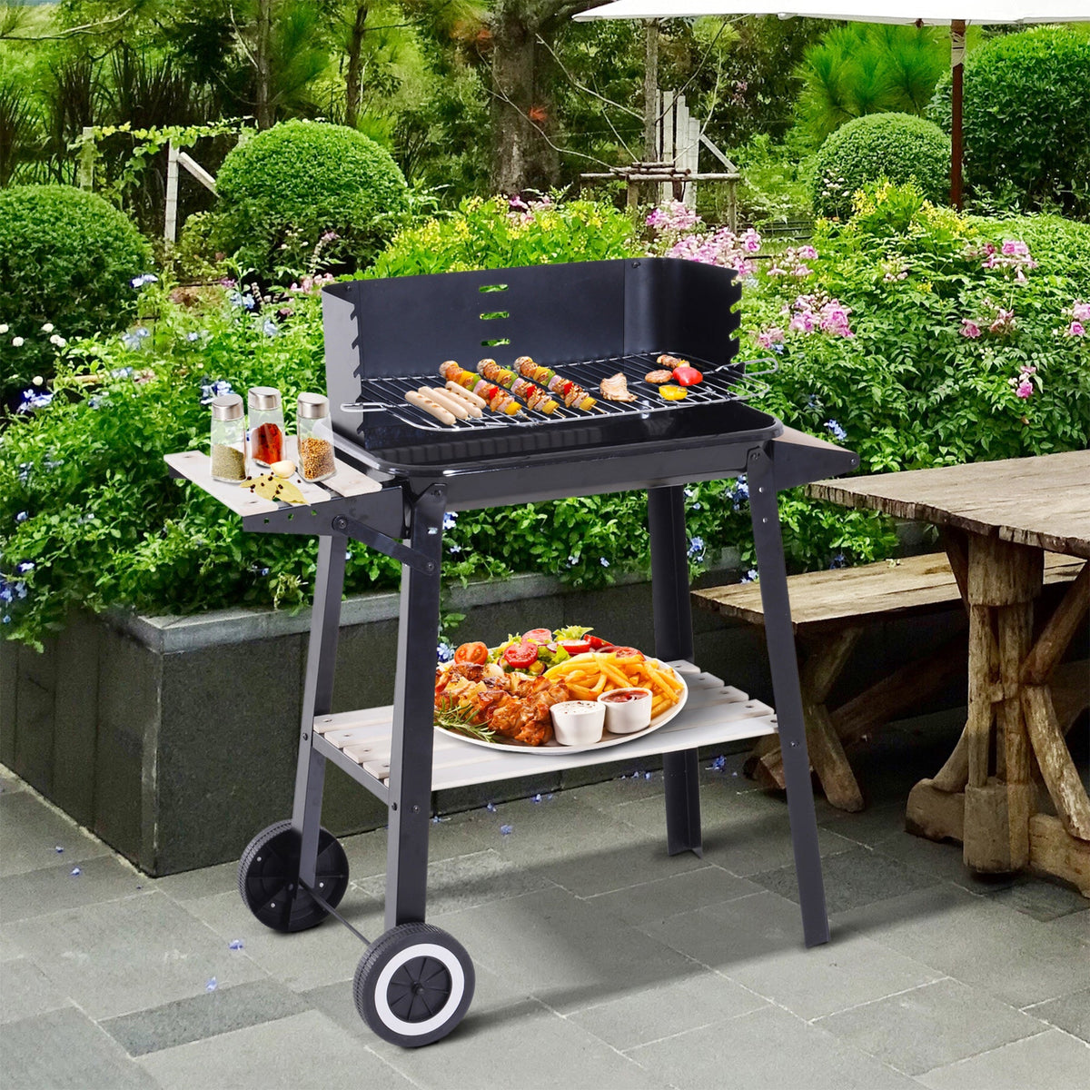 Outsunny Trolley Charcoal BBQ Barbecue Grill Outdoor Patio Garden Heating Smoker with Side Trays Storage Shelf and Wheels - SGP Garden Ltd