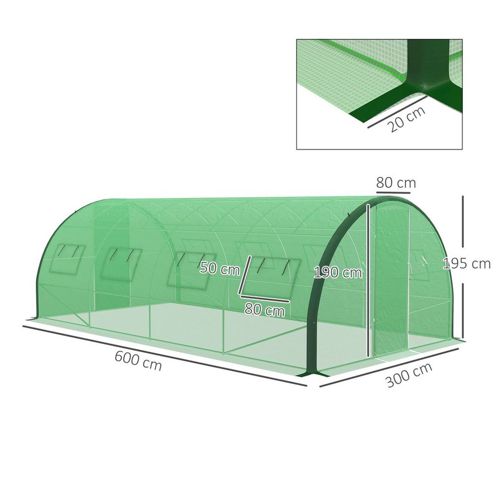 Outsunny Tunnel Greenhouse, Upgraded Structure, Hinged Doors, 6 x 3(m), Green - SGP Garden Ltd