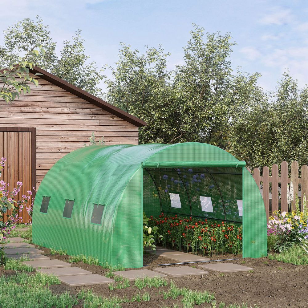 Outsunny Tunnel Greenhouse with Roll-Up Door & 6 Windows - Green - SGP Garden Ltd