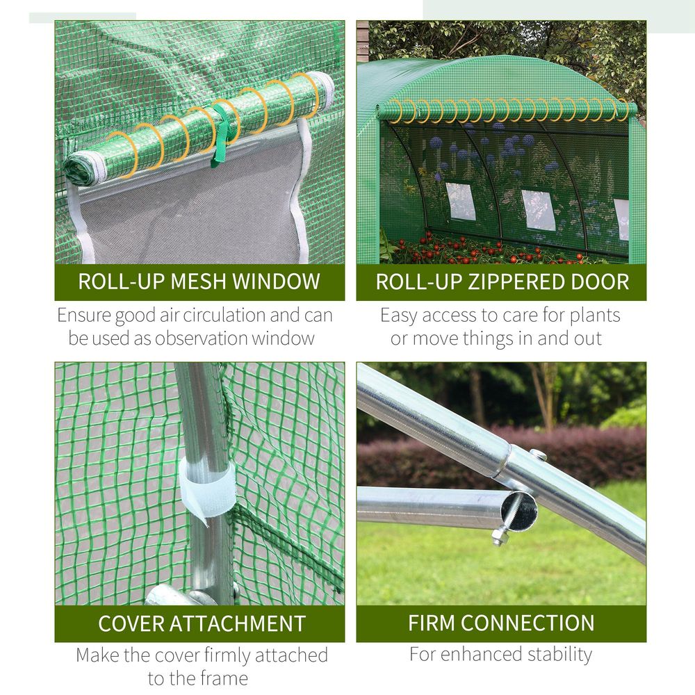 Outsunny Tunnel Greenhouse with Roll-Up Door & 6 Windows - Green - SGP Garden Ltd