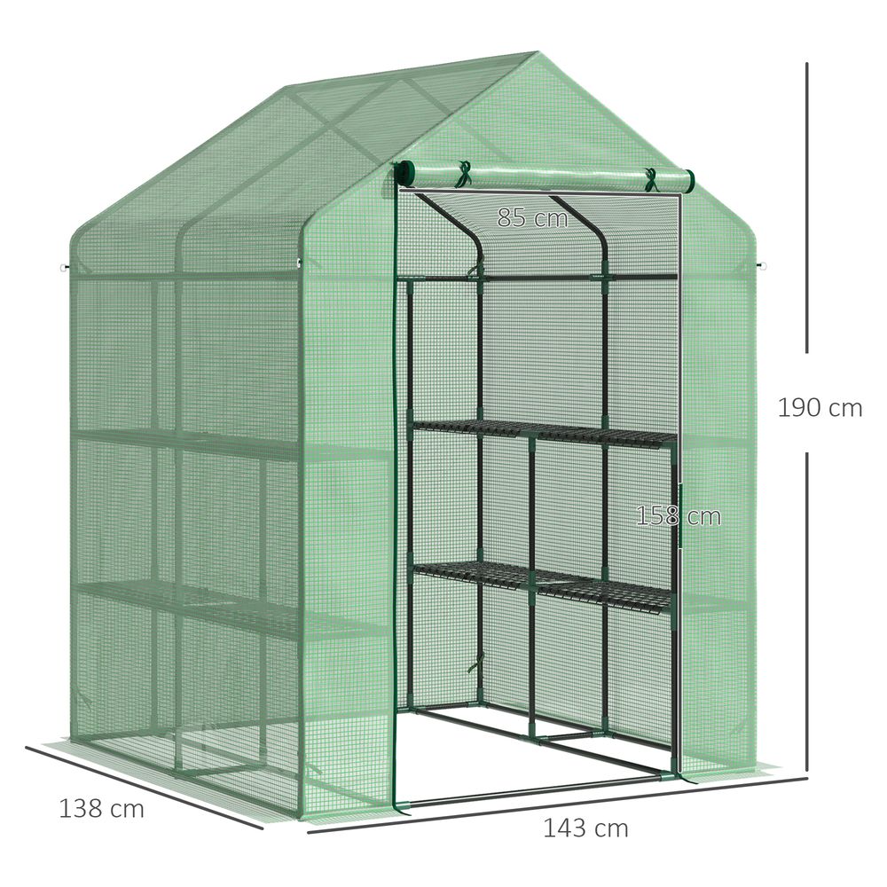Outsunny Walk in Garden Greenhouse with Shelves Polytunnel Steeple Green house Grow House Removable Cover 143x138x190cm, Green - SGP Garden Ltd