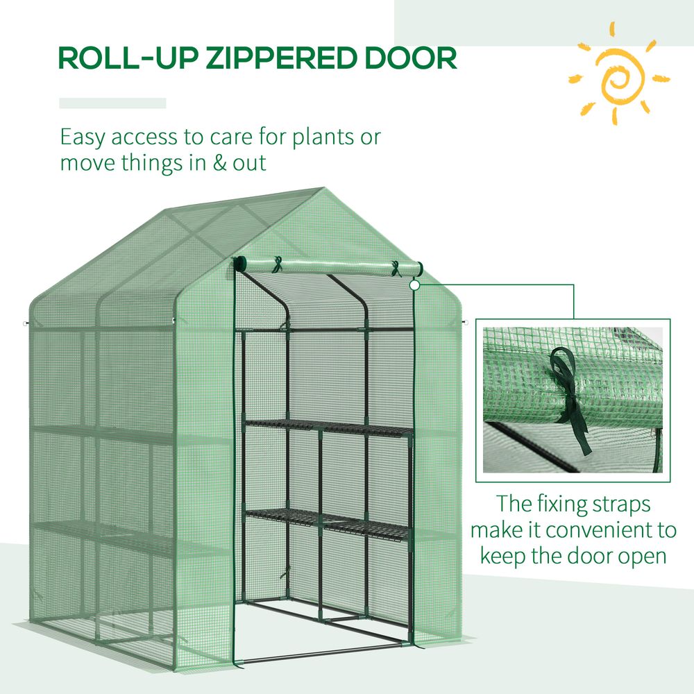 Outsunny Walk in Garden Greenhouse with Shelves Polytunnel Steeple Green house Grow House Removable Cover 143x138x190cm, Green - SGP Garden Ltd