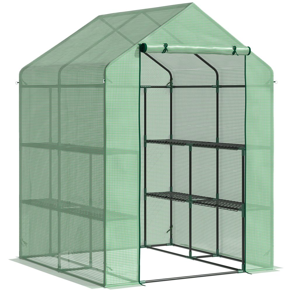 Outsunny Walk in Garden Greenhouse with Shelves Polytunnel Steeple Green house Grow House Removable Cover 143x138x190cm, Green - SGP Garden Ltd