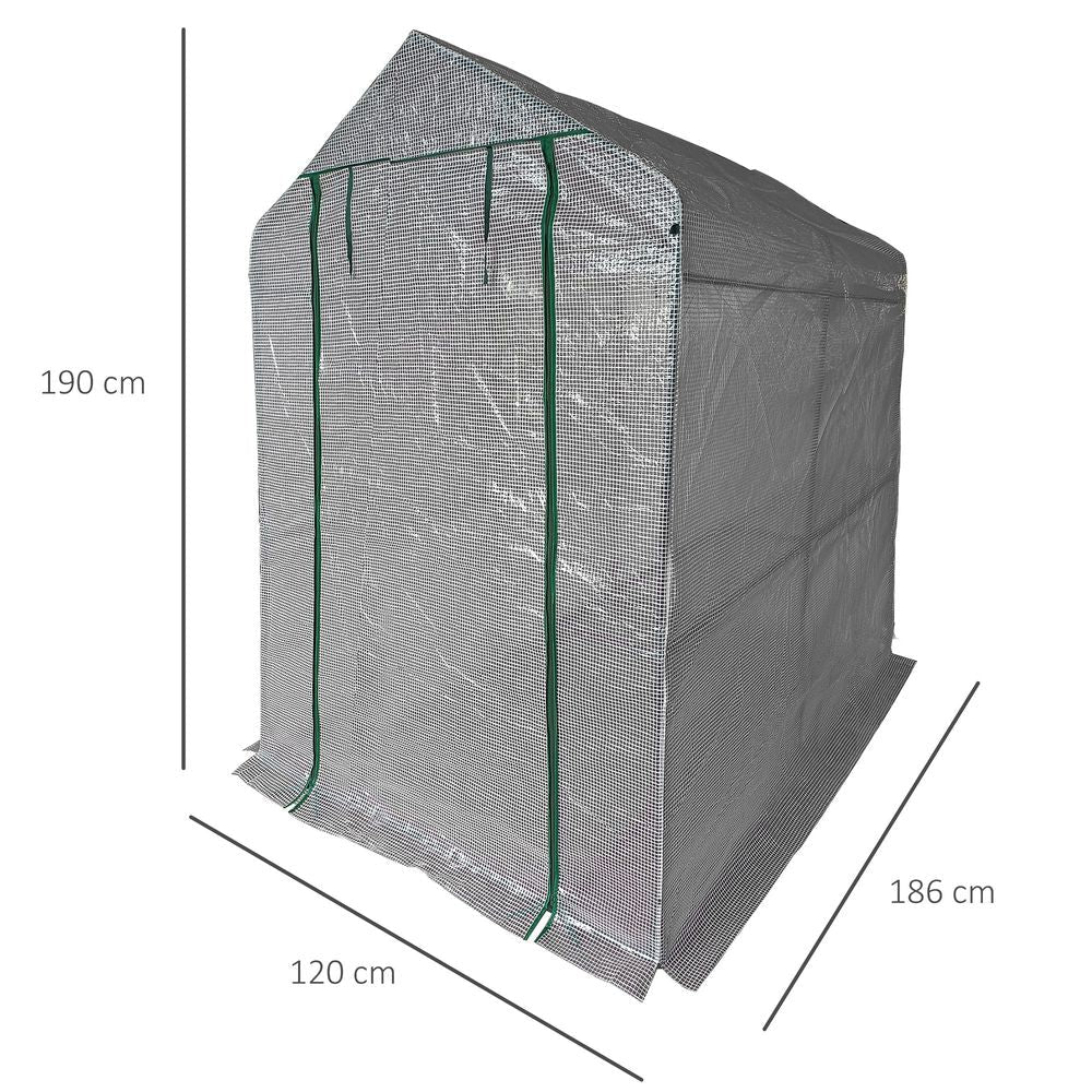 Outsunny Walk-In Greenhouse | Steel Frame | PE Cover | Shelves | 186Lx120Wx190Hcm | White - SGP Garden Ltd
