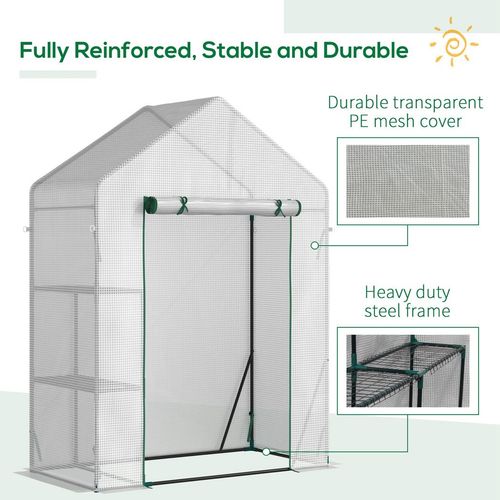 Outsunny Walk In Greenhouse with 2 Tier Shelf, Portable Gardening Plant Grow House with Roll up Zip Panel Door, Reinforced PE Cover, 143 x 73 x 195cm, Green - SGP Garden Ltd